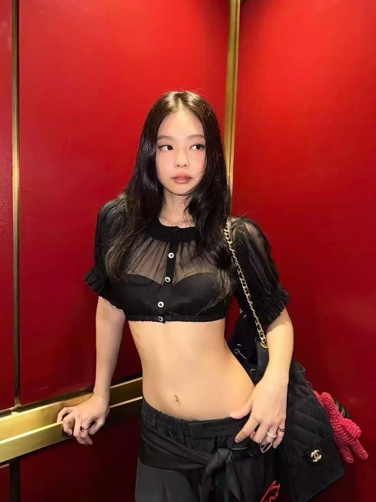 

EXJR Jennie Black Mesh See-through Short Sleeve T-shirt Women's Short Style Sweet Style round Neck Pure Color Summer Shirt