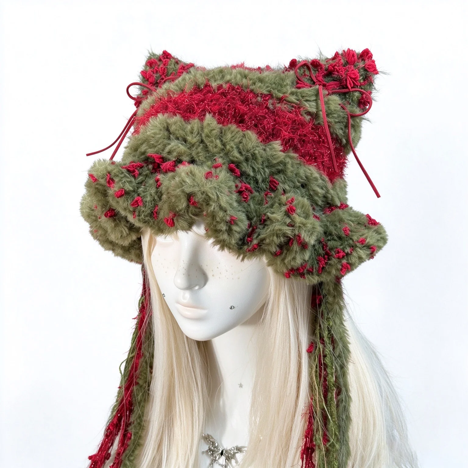 Handmade Red Green Christmas Striped Cat Ear Hat Women Winter Warm Custom Crochet Ruffled Brim Knit Beanie Kawaii Festival Gift