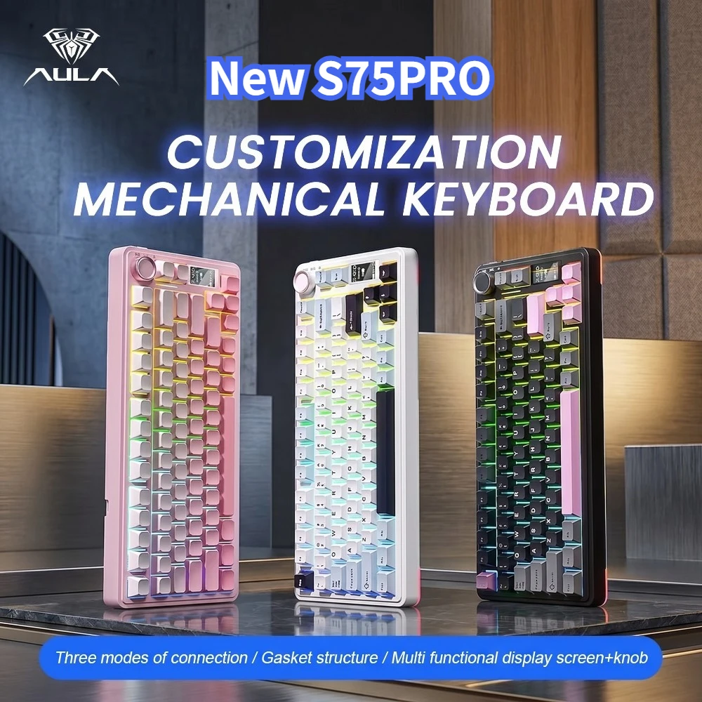 

Механическая игровая клавиатура AULA S75 Pro 75% с горячей заменой переключателей, RGB-подсветкой, аккумулятором 4000 мАч, PBT-кейкапами, беспроводная, с LED-экраном и регулятором