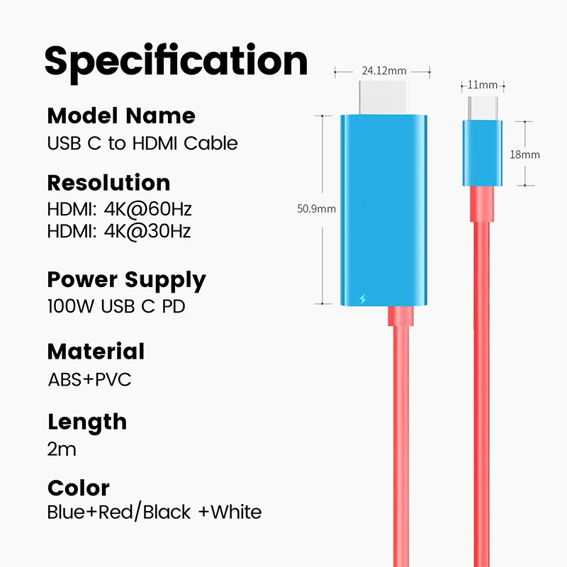 USB C to HDMI Cable for Nintendo Switch OLED 4K @60Hz Output 100W PD Charging Port Type C to HDMI Adapter for Steam Deck Tablet