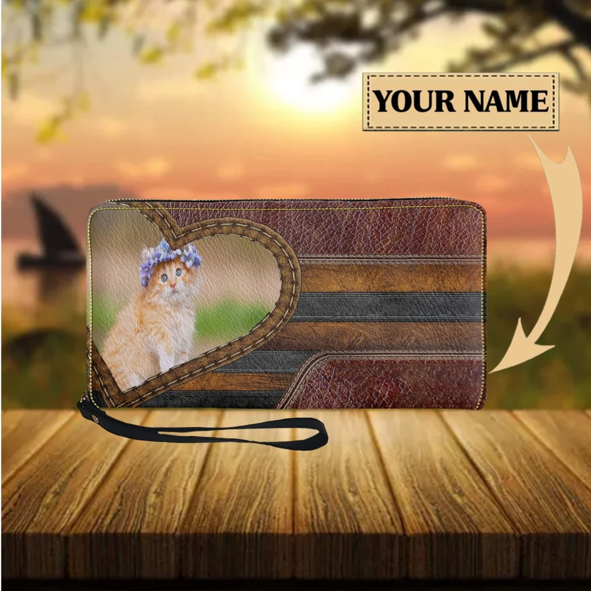 

Cute Cat Brand Design Multi Card Storage Bag Wallet Custom Name Pu Leather Long Wristband Wallet Popular Street Coin Purse Gift