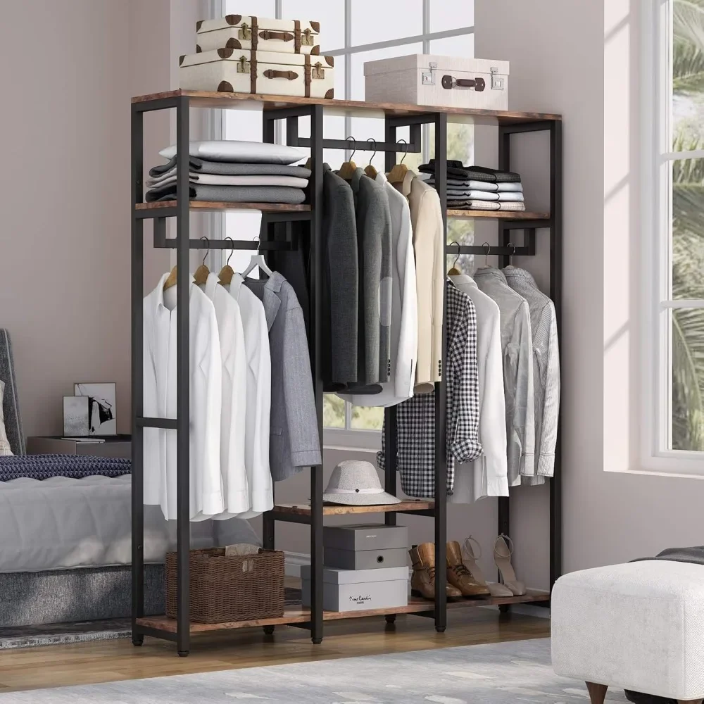 Freestanding Closet Organizer, Industrial 3 Rod Garment Rack with 4-Tier Storage Shelf, Rustic Wardrobe Rack Clothes Rack