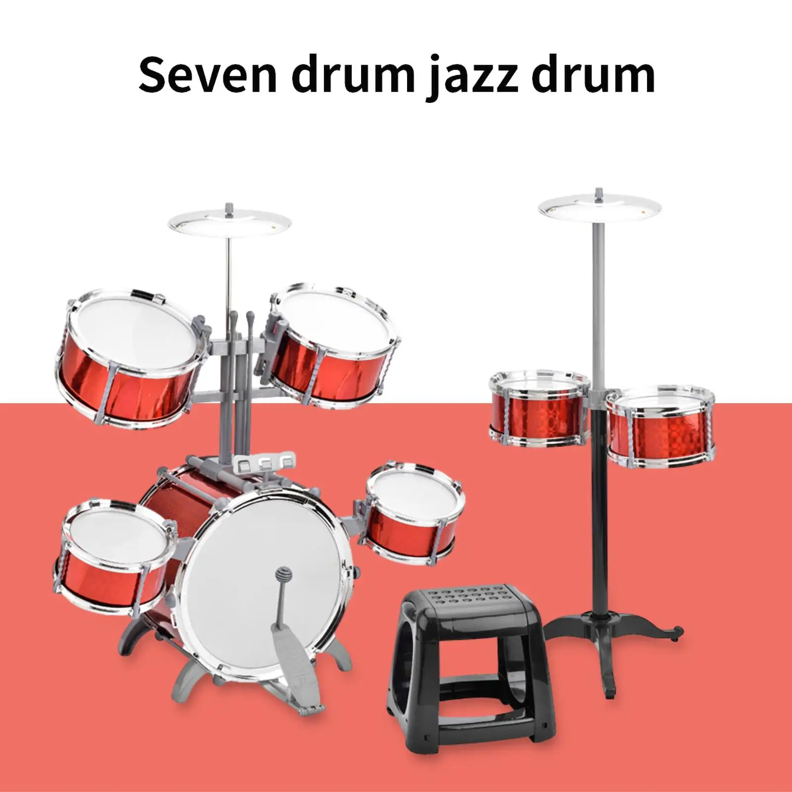 für Anfänger, Jazz-Drum-Set mit Hocker, 7-teilig, dicke PVC-Trommelköpfe, einfach zu installierende Musik-Schlaginstrumente, tolle Geschenkidee