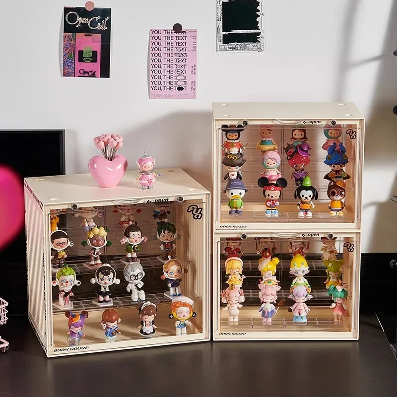 Container Showcase with Lights Dustproof Storage Box Hheld Display Shelf for Toys Popmart Display Cabinet Scene Box