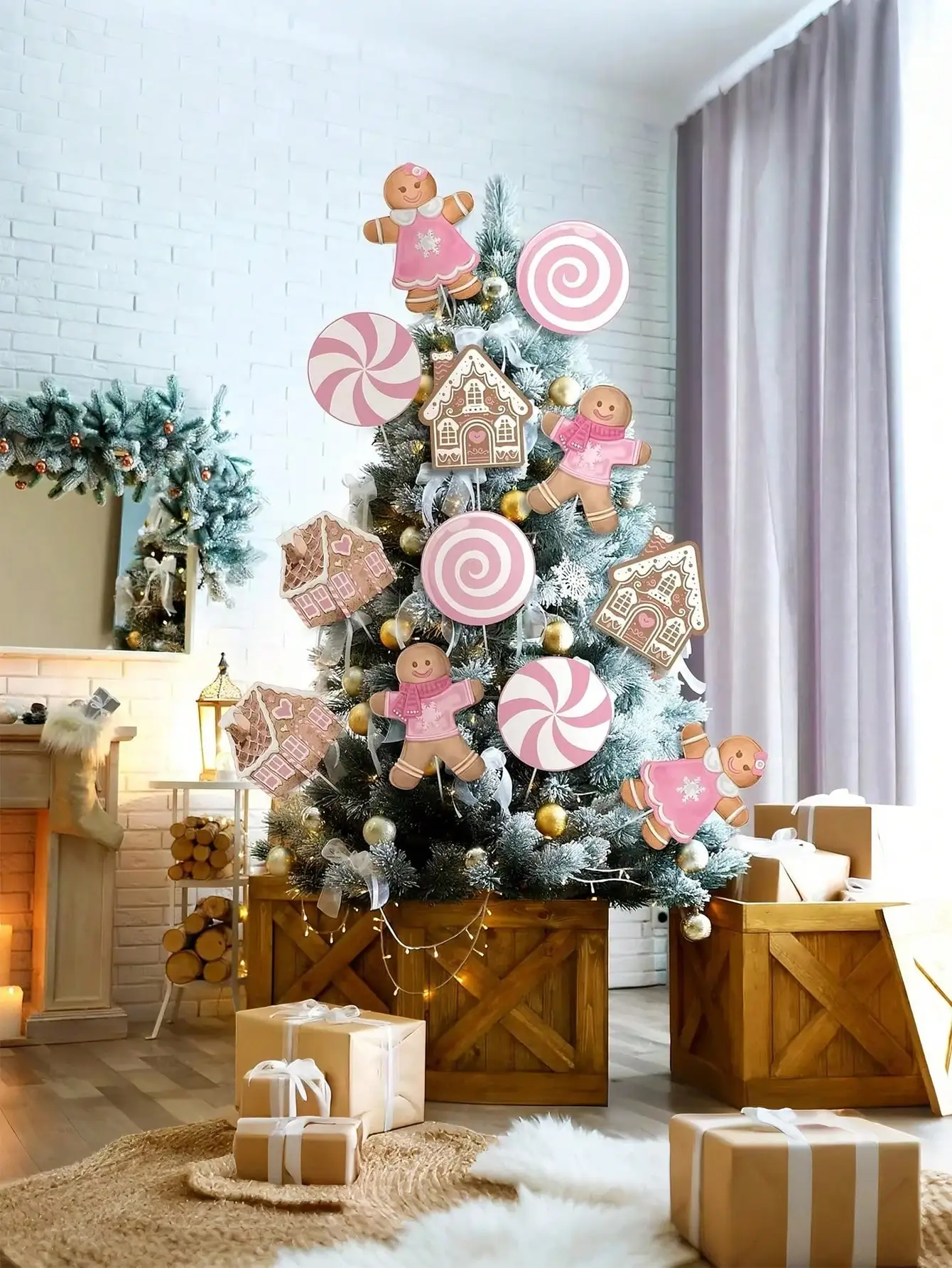 6Pcs Large Pink Candy Gingerbread Christmas Tree Ornaments with Sticks, Cute Items, Perfect for Christmas Decorations