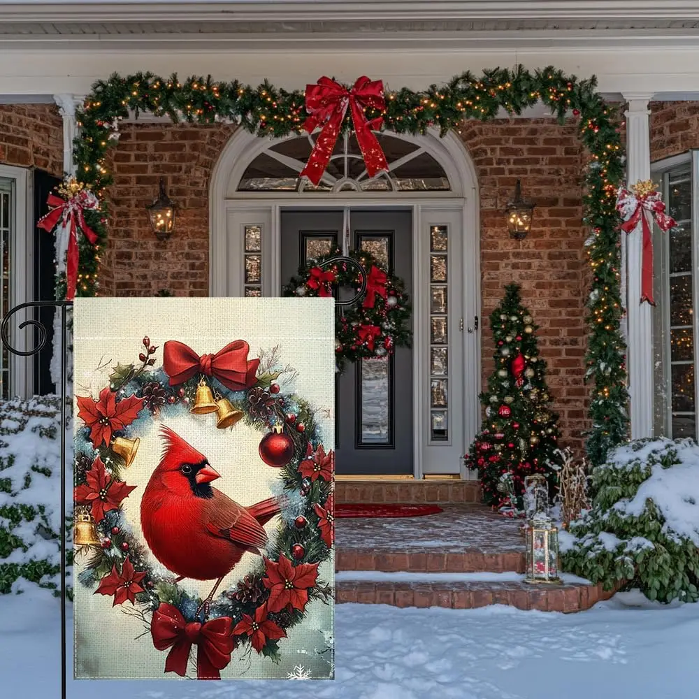 Winter Red Bird Snowflake Garden Flag 12x18 Inch Double Sided Cardinal Christmas Bell Yard Outdoor Flag House Holiday Outsid zzo
