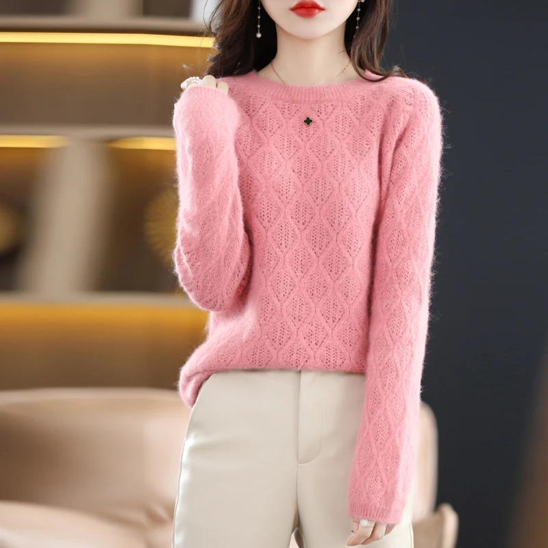 Temperament Mink Female Round Neck Hollow Thin Sweater Knit Base Shirt Autumn And Winter Loose Top Thickened DBR023