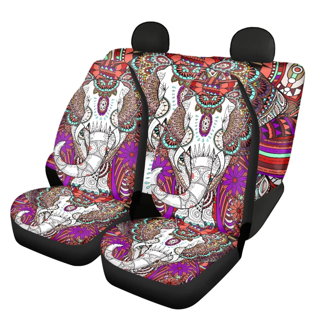 Boho Style Car Front and Back Seat Cover Elephant Pattern Car Seat 4pcs/Set Easy to Install Clean  Auto Accessories Remove Soft