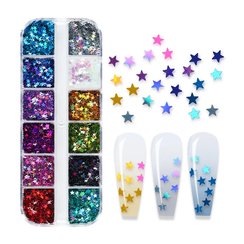 12 Grids Box of Sparkling Laser Five-pointed Star for Nail Art Decorations Mix of 12 Colors Laser Stars and Nail Jewelry