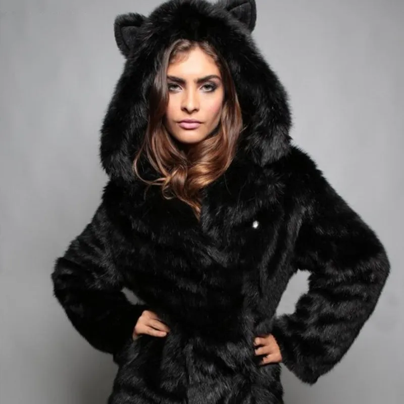 Autumn Winter Fashion Women's Cartoon Rabbit Ears Rabbit Fur-like Cute Casual Style Mid-length Long-sleeve Faux Fur Hooded Coat