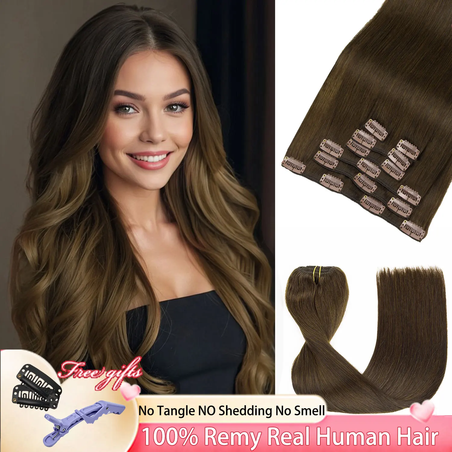 

LOVELINE Black Brown Blonde Clip in Hair Extensions Real Human Hair 7PCS 120g Remy Straight Human Hair Extensions Clip Ins