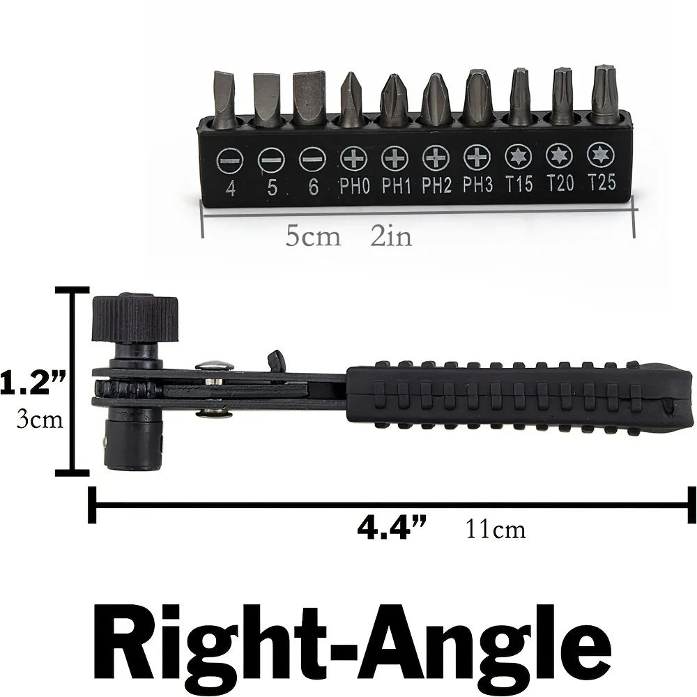 Right Angle Close Quarters Ratcheting Reversible Screwdriver Set with 18 Bits