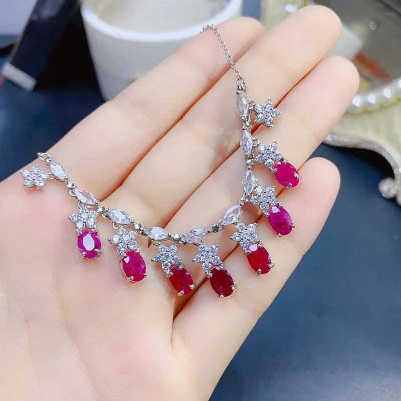 5*7mm Natural Ruby Necklace, 925 Sterling Silver Pendant Choker, Genuine Gemstone Jewelry for Women, Elegant Gift