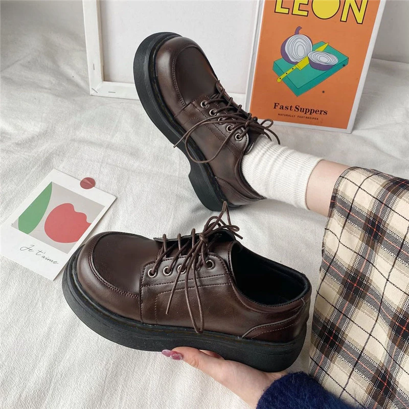 

Retro Oxford Shoes 2024 Autumn Brown Leather Lace Up Women's Fashion Le Black Casual Shoes