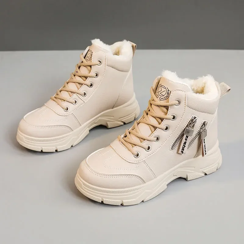 A Pair Of Women's Snow Boots, Round Toe, Flat Heel, Warm, Anti-Slip, High-Top, Fashion, Casual, Suitable For Middle-Aged Women