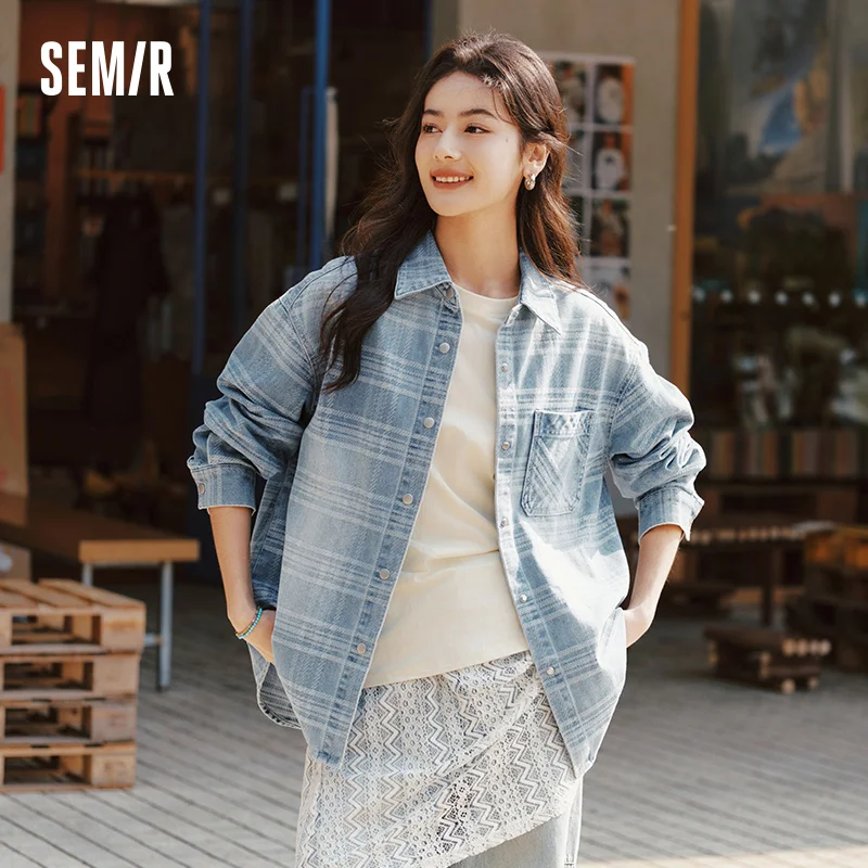 Semir Denim Shirt Women Oversize Spring 2025 New Spring Checkered Blouse Plaid Jacket