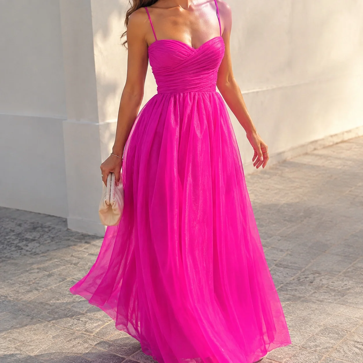 Single Slim Fit Gown Graceful Commuter with Sleeveless Midi Length V Neck Spaghetti Strap Zipper Closure High Waist for Women