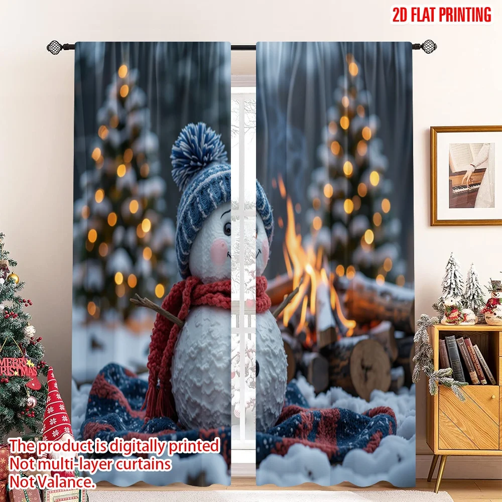 

2pcs 2D flat printing Christmas Party Curtain Snowman Roasting Marshmallow Cozy Campfire Fabric Without Electricity Birthday