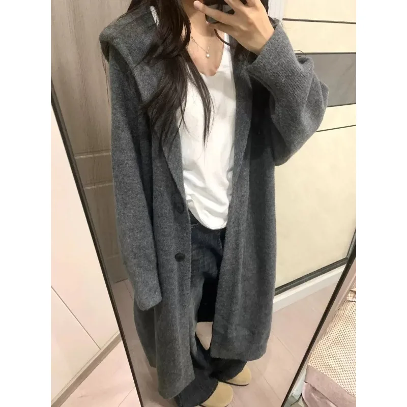 Fashion Medium and Long Hooded Sweater Jacket Women's Cardigan Autumn and Winter New Knitted Loose Lazy Coat