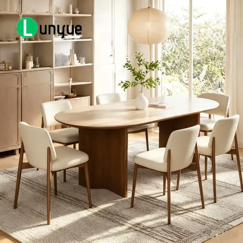 Modern Oval Dining Table Set with 4-8 Chairs Natural Ash Stone Top Wooden Legs Waterproof Eco-Friendly Home Furniture