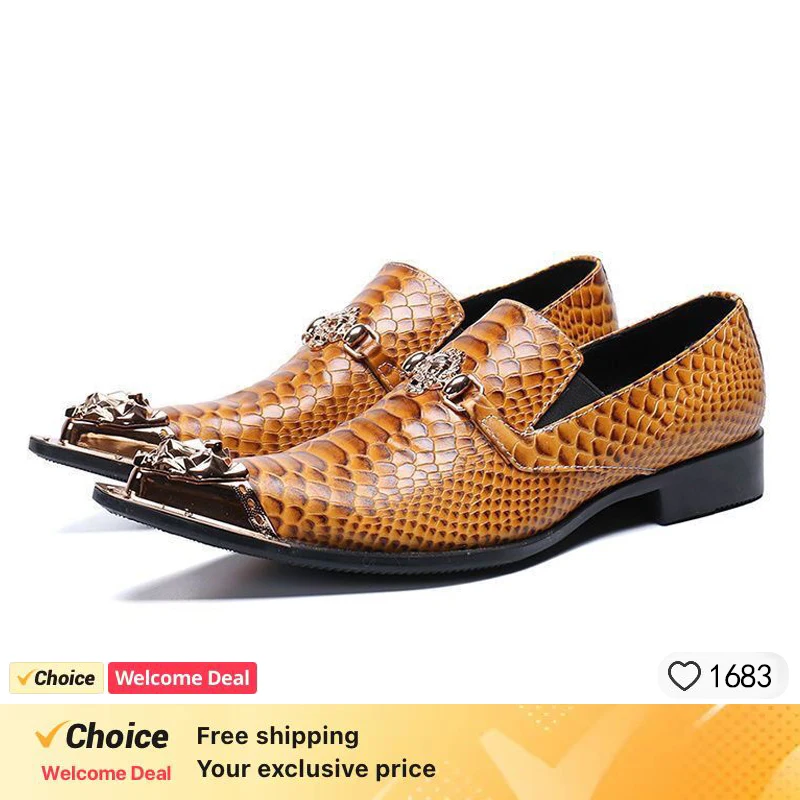 

Fashionable pointed men's formal dress shoes brown snake pattern ball party shoes men's wedding banquet business dress shoes