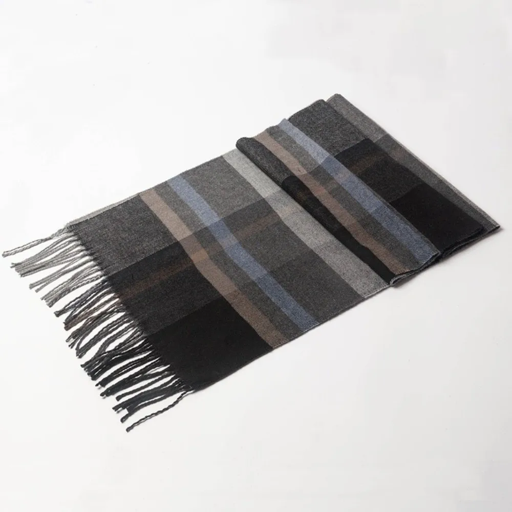 Versatile Polyester Men Plaid Scarf Long Tassel Thickened Shawl Wrap Faux Cashmere All-Match Neck Scarf Casual