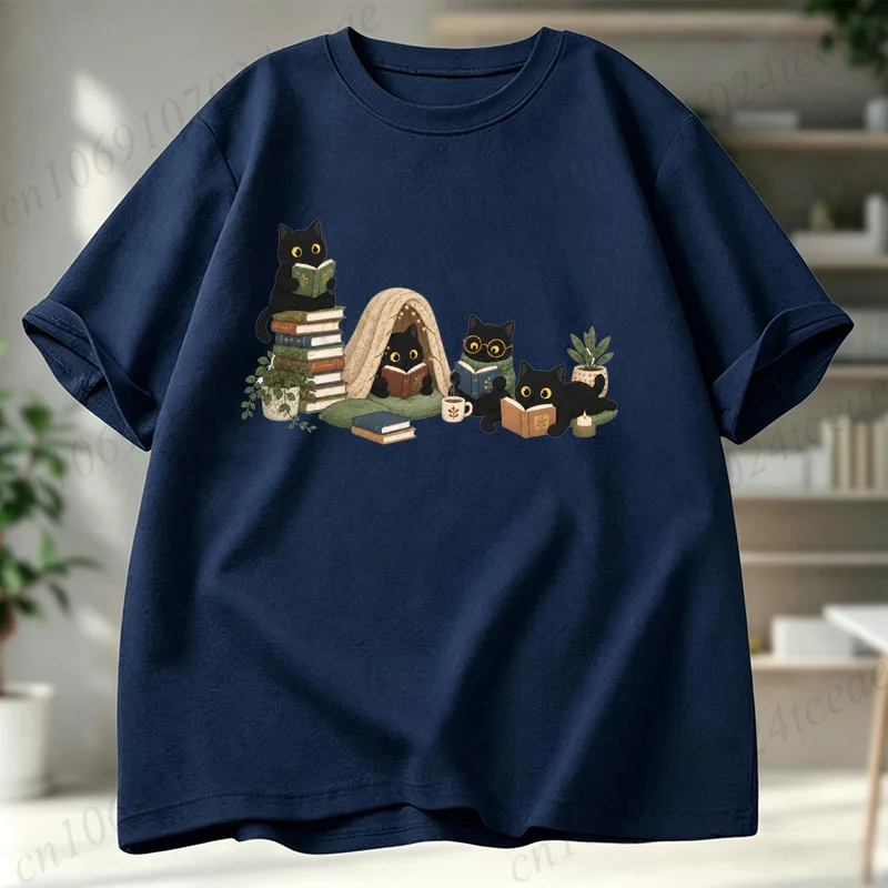 Black Cat Reading Librarian Teacher Bookish T-Shirt Aesthetic Graphic Tops Men's Women T-Shirts Summer Fashion Shirt Casual Gift view 4