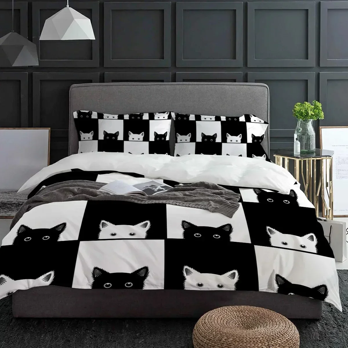 Geometic Black White Plaid Cat Duvet Cover With Pillow Case Custom 3pcs Bedding Set Quilt Cover Double Bed Home Textile