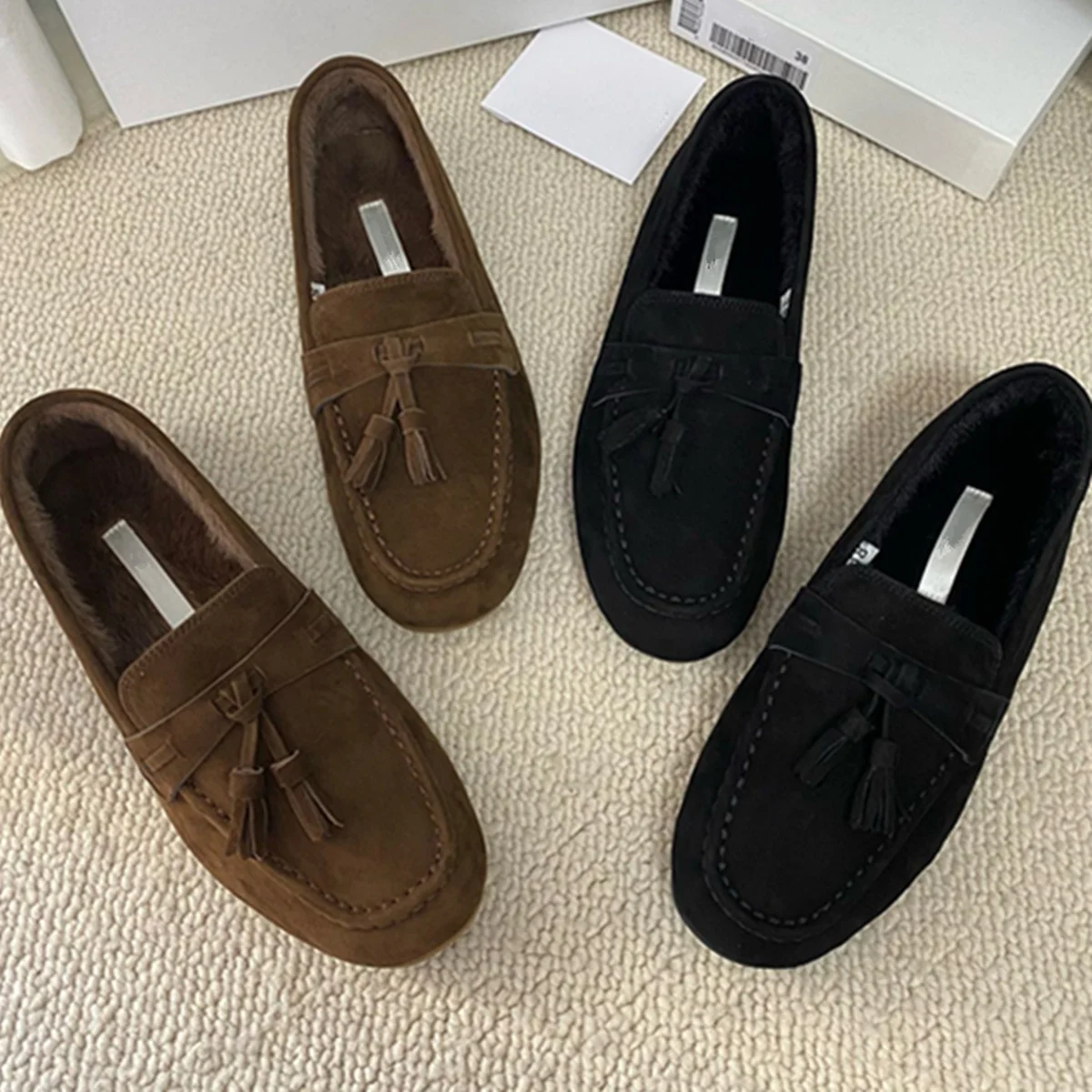 

Jenny&Dave Vinatge Minimalist Women's Shoes Elegant And Lazy Cow Suede Tassels Flat Shoes Mink Plush Snow Shoes For Woman Loafer