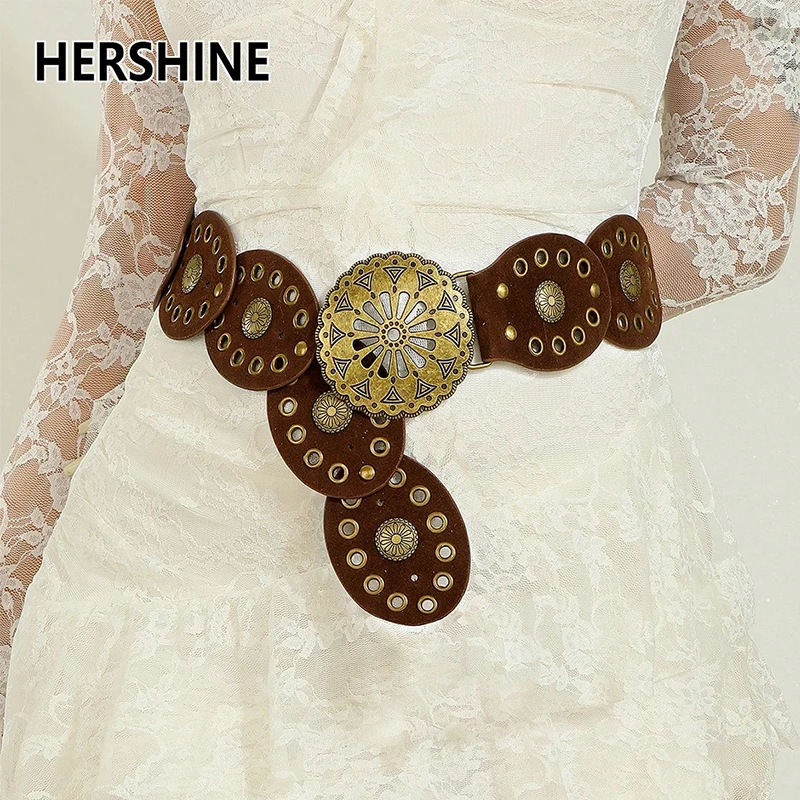 

HERSHINE Женский винтажный бархатный овальный лоскутный ремень со стильной круглой ажурной цветочной пряжкой, аксессуар для платья, Рождество