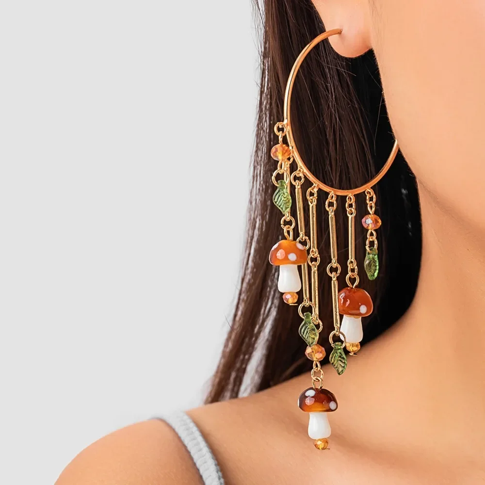 Exaggerate Personality Mushroom Green Leaves Red Cherry Pendant Tassels Big Hoop Earrings for Women Bohemia Forest Jewelry Gift
