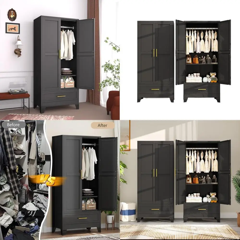 71 Tall Metal Wardrobe with Hanging Rod, Double Doors, and Adjustable Shelves for Bedroom, Laundry, or Cloakroom Storage