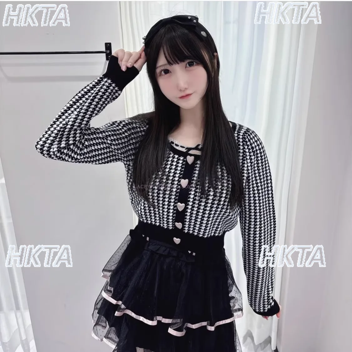 Japanische Spitze Verziert Samt Herz Taste Hahnentritt Gestrickte Pullover Herbst Neue Elastische Slim Fit Langarm Pullover Frauen