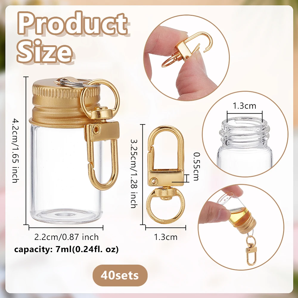 40Pcs Small Glass Bottle Keychain 7ml Golden Tiny Jar Keychain with Aluminum Lid Mini Jar Keychains Mini Wishing Bottle