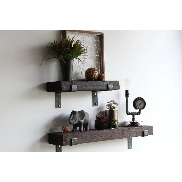 Reclaimed Barn Beam Accent Shelves | Floating or with Brackets Rustic Shelves, Set of 2 | (Bracketed Coffee Bean