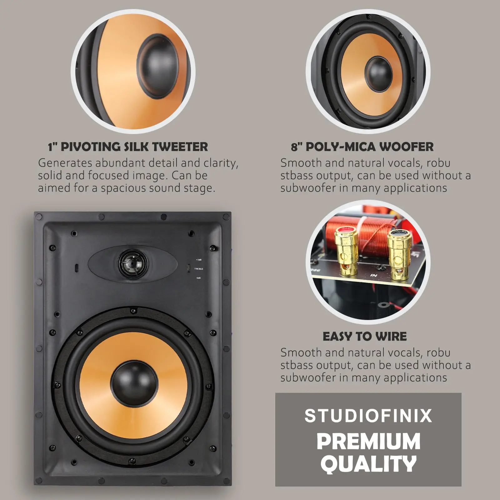 STUDIOFINIX 8 Inch 2 Way In Wall Speakers 120 Watts Flush Mount Home Stereo Speakers for Home Theater Living Room Bedroom White