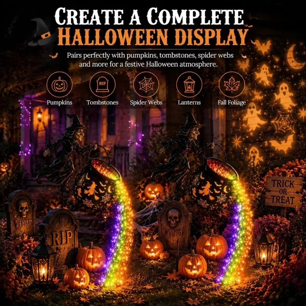 LED Halloween Witch Cauldron Garden Light Shadow Projection Lawn Walkway Lighting Witch Cauldron Light Carved Cutouts