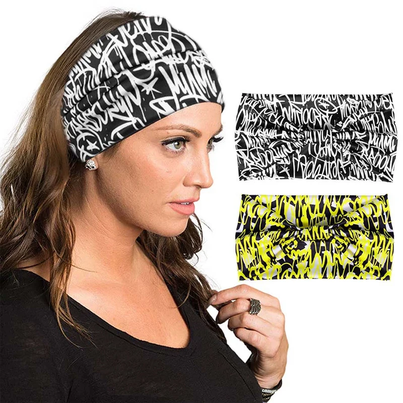 

Women Wide Edge Graffiti Print Headbands Punk Sports Style Elastic Knot Turban Headwrap Girls Soft Yoga Bandana Hair Accessories