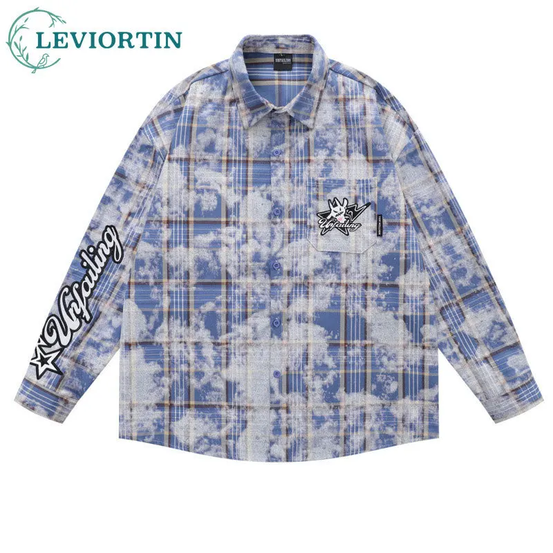 

2025 Autumn American retro youth fashion tie dye letter embroidery plaid loose casual versatile couple long sleeved shirt