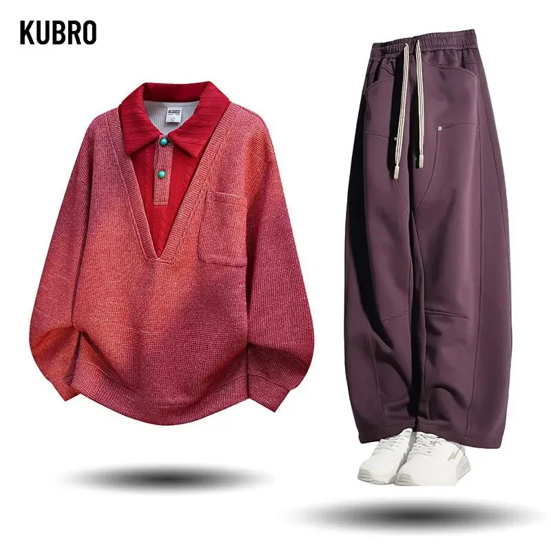 

Осень-зима, мужской вязаный свитер, рубашка с воротником-поло, корейский стиль, повседневная уличная одежда, мешковатые брюки, комплекты из 2 предметов, одежда Y2K 2000-х годов