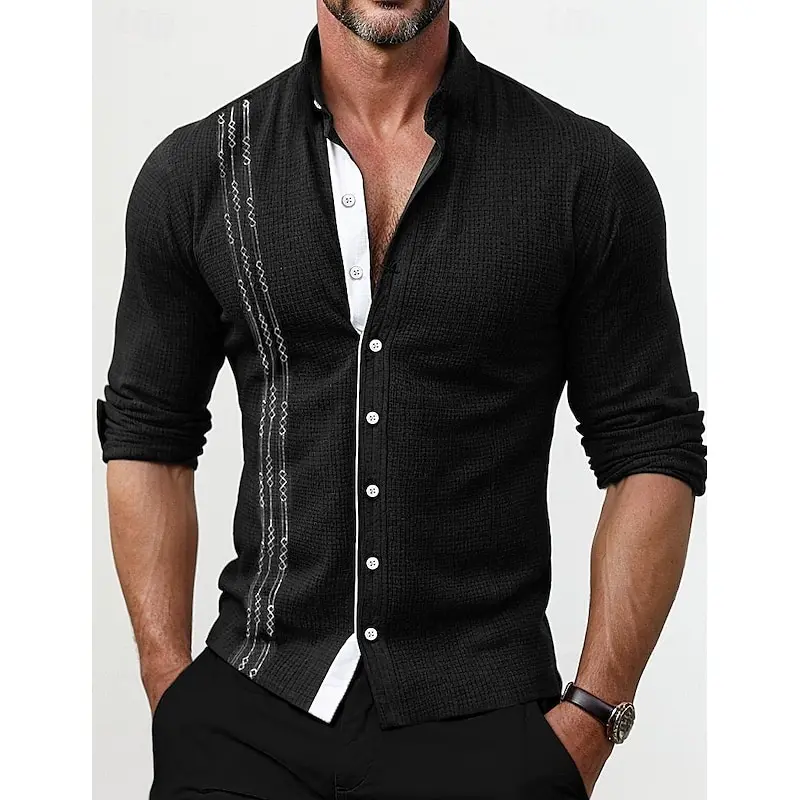 Men\'s new fashionable spring and autumn season long sleeved shirt with single-sided striped printed pattern for casual wear