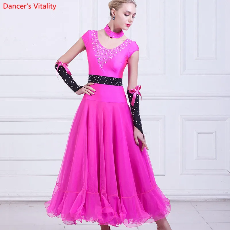 Black /Rose rhinestones Belly Dance Dress Dance Competition Standard Dance Modern Costume Salon Dress Waltz Costumes 3pcs