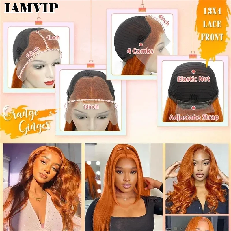 250% Body Wave 13x6 HD Lace Front Wig 100% Human Hair Ginger Orange Brazilian Remy Colored Pre Plucked 13x4 Lace Frontal Wigs