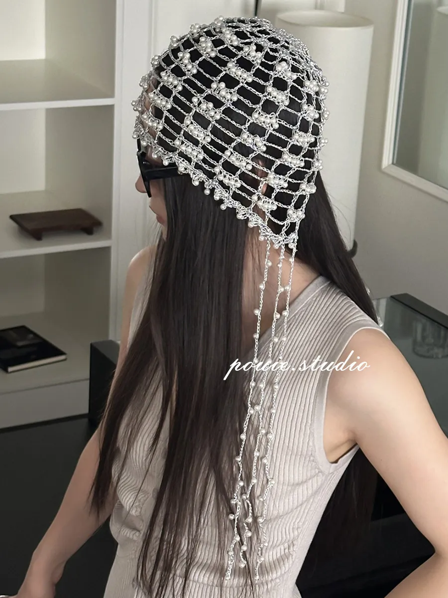 Korean Women Hollow Out Turban Beanie Cap Handmade Metal Chain Pearl Tassel Niche Stylish  All Match Pullover Headscarf Hat