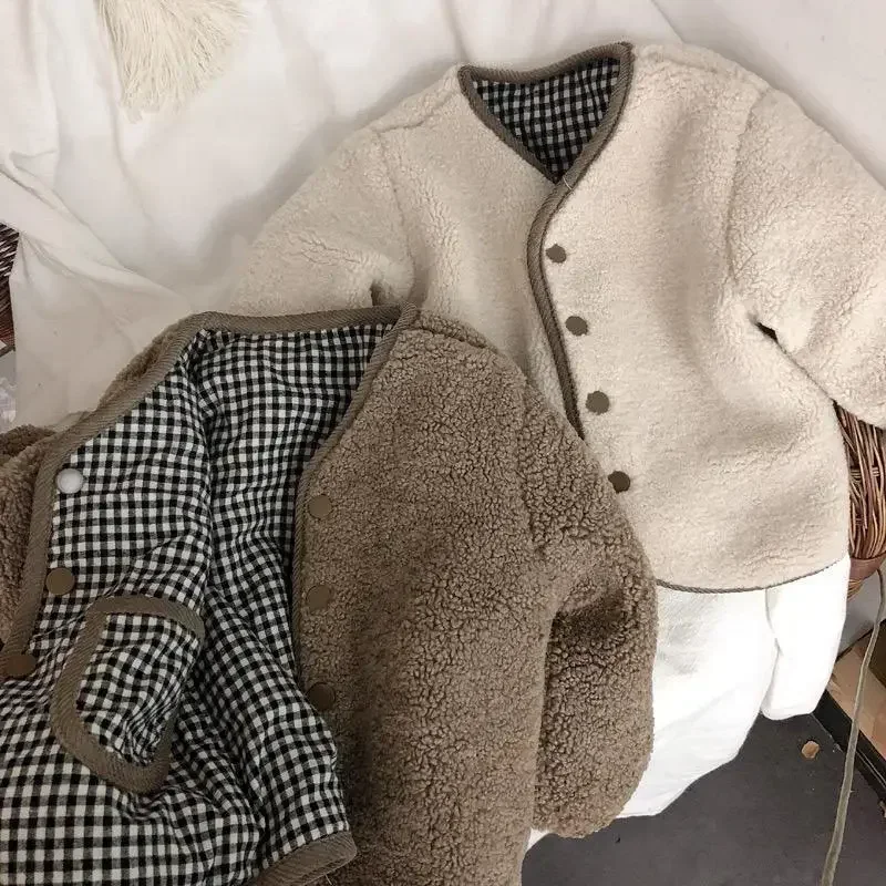 New Autumn and Winter Warm Jacket Children Two Sides Wear Plaid Plush Jacket Kids Jackets Winter Clothes for Girls DGUKYM