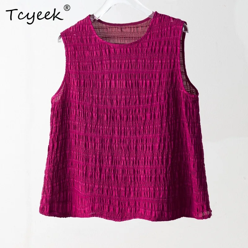 

Tcyeek 93% Real Mulberry Silk Tanks Top 2026 Summer Rose Red Breathable Pleated Design Tops Clothing for Woman Ropa Para Mujer