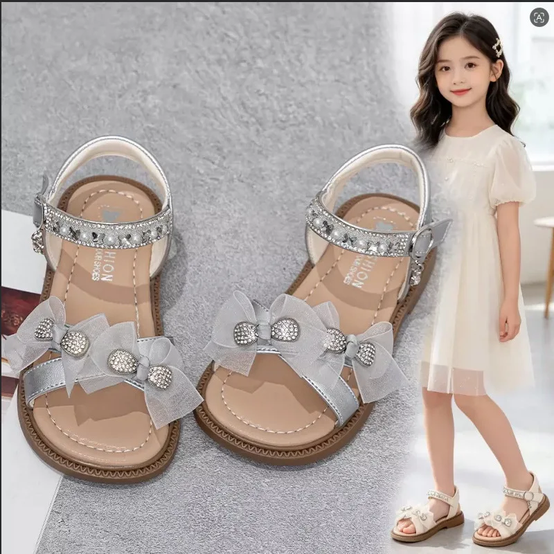 Kids'Casual Shoes Sandals Bow Sequin PU Leather Flat Summer Shoes For Girls Anti-slip Soft Bottom White Silver Shoes Size26-36