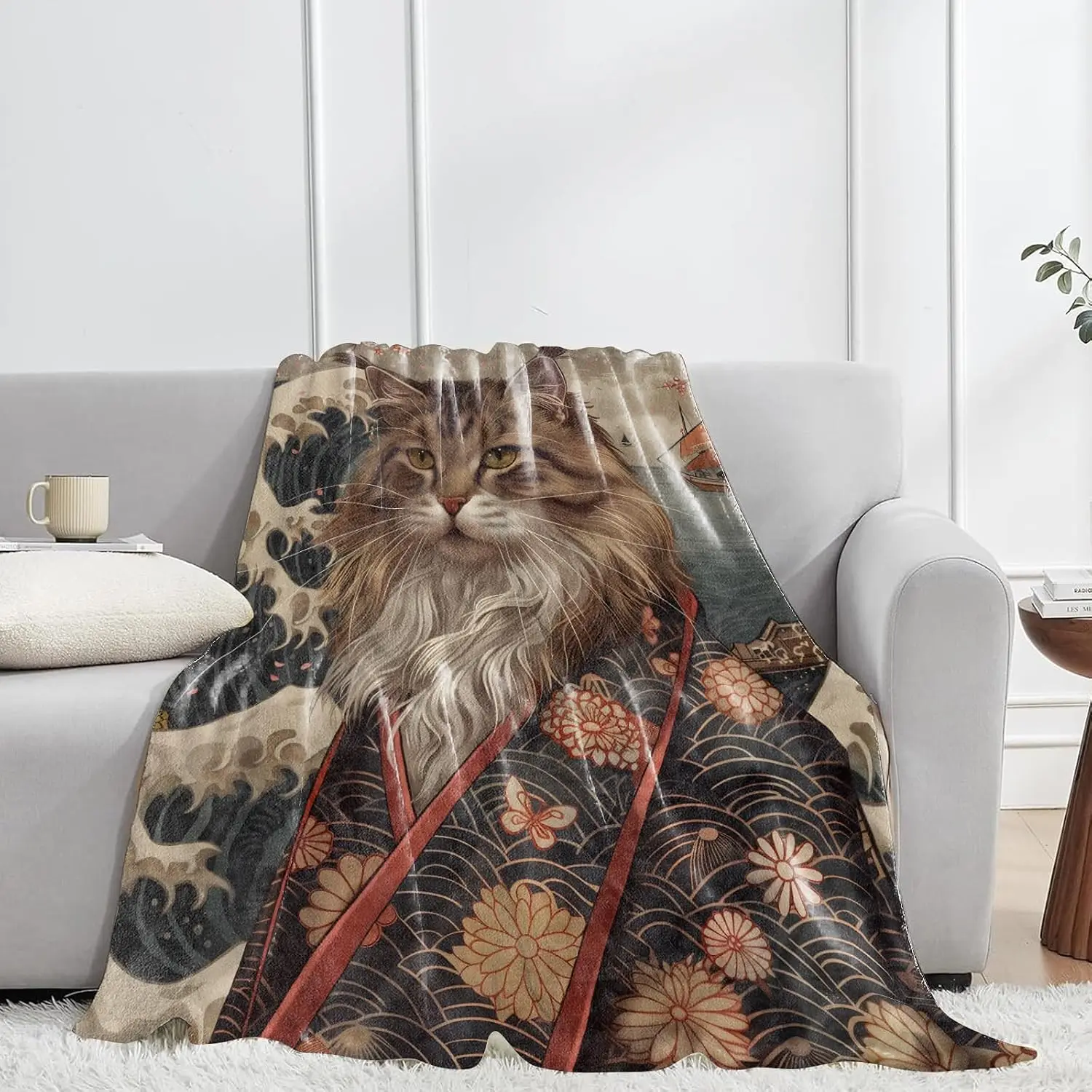 Retro Art Kimono Cat Ocean Waves Boat Throw Blanket Used for Couch Naps Bedroom Rest Camping Fashion Warm Household Decor