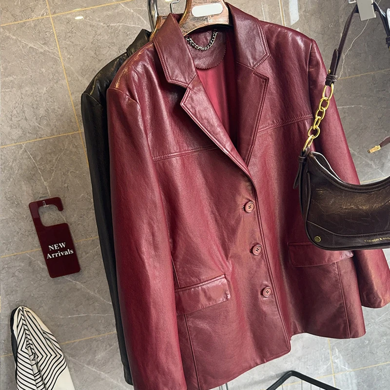 100% Schaffell Frauen Rot Öl Gewachstes Leder Blazer Jacken Hohe Qualität A-ebene Erste Schicht Damen Lose Echt Leder anzug Mäntel