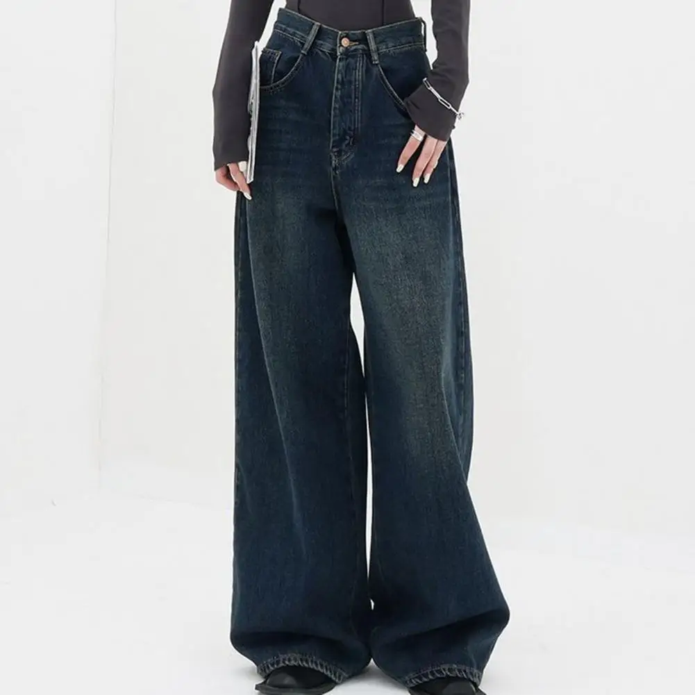 

Women Retro Jeans High Waist Straight Wide Leg Long Pants Pockets Dark Color Oversized Denim Pants Streetwear Wide Leg Trousers